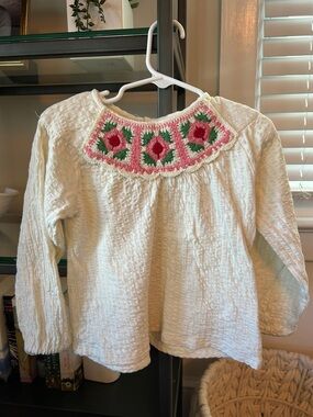 Zara White Long Sleeve Top with Pink & Green Crochet Yoke